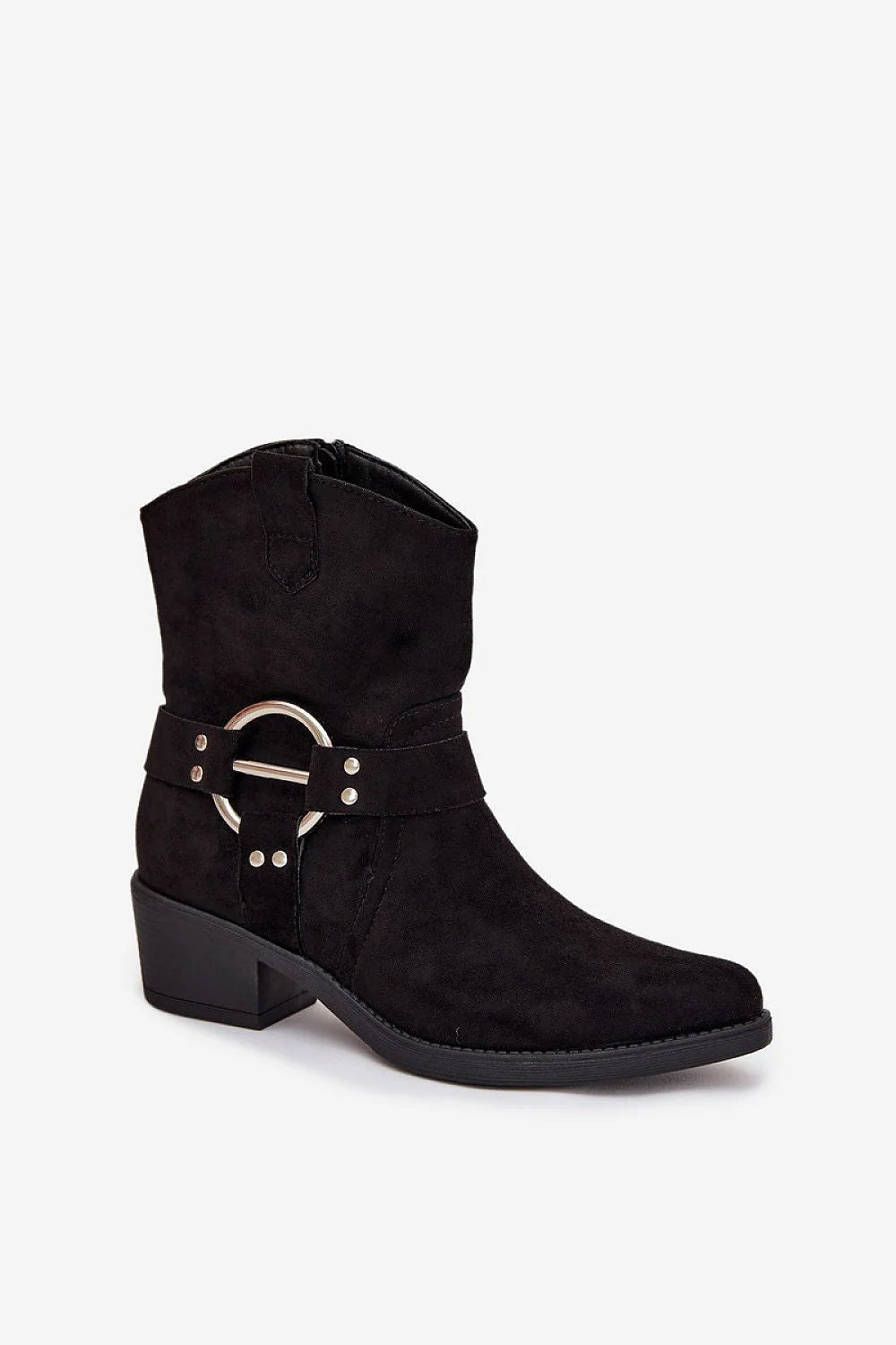 bottines cowboy western suédine noires écologiques talon bloc confortables bout amande bride décorative anneau argenté rivets semelle antidérapante