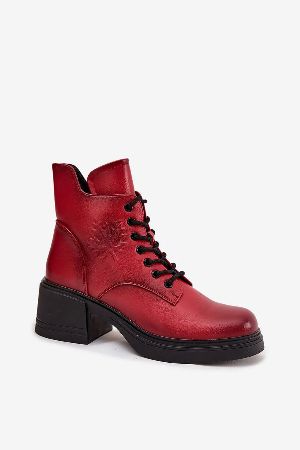bottines montantes femme cuir artificiel rouge profond talon bloc 6cm semelle antidérapante plateforme bout rond lacets embossage feuille