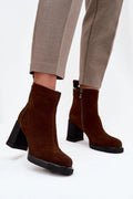 bottes talon bloc sculpté cuir suédé daim marron chocolat tige cheville fermeture éclair semelle caoutchouc noir