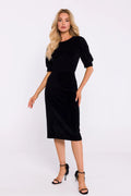 Robe élégante en velours noir maille douce taille ajustable manches courtes encolure ronde fente dos semi-formelle femmes