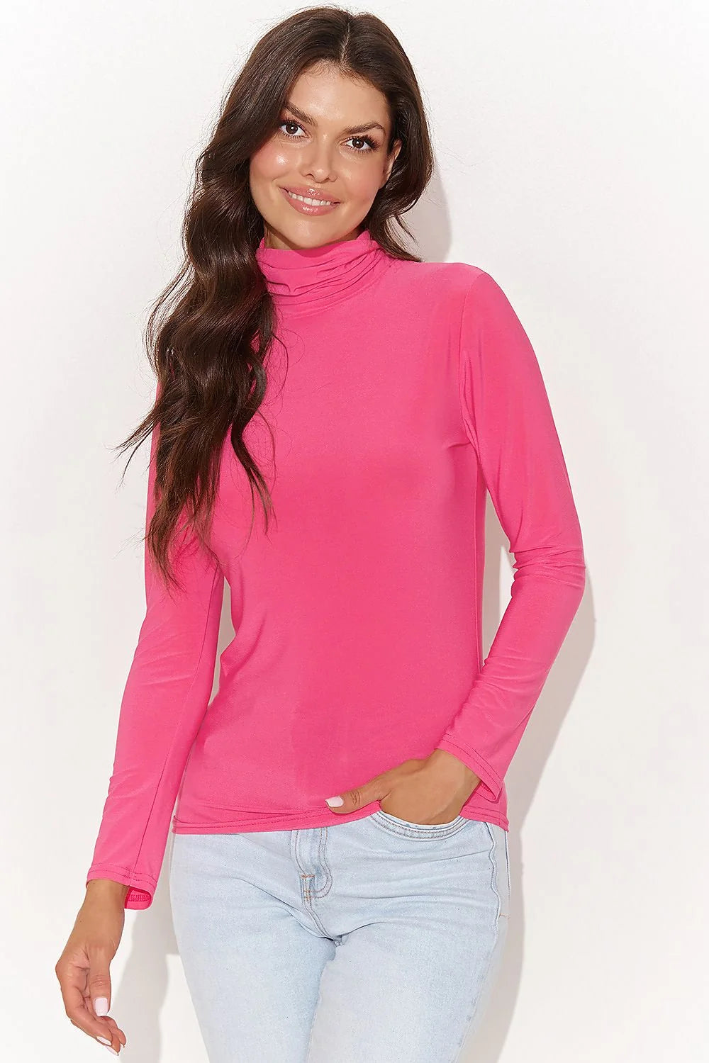 Col roulé femme chemisier Numinou tissu extensible rose vif manches longues ajusté épuré style moderne