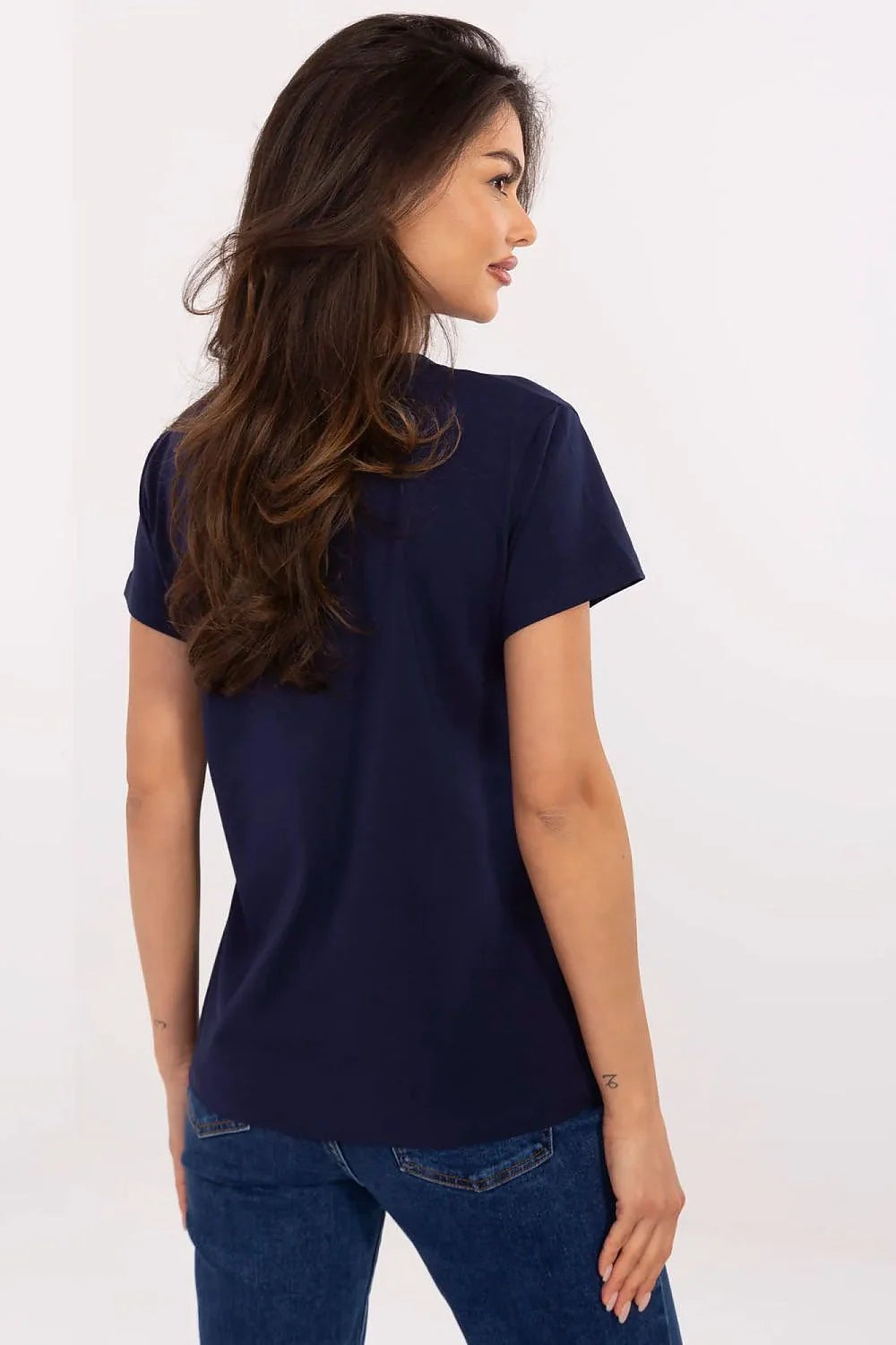 T-shirt femme style décontracté col en V message BELIEVE beauté toujours coton élasthanne bleu marine manches courtes ajustement parfait