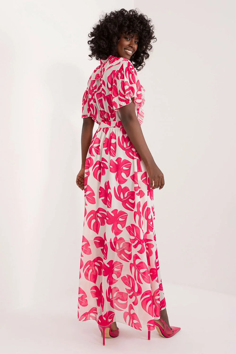 Robe de jour Italy Moda longue imprimé floral manches courtes ceinture en V-neck femme
