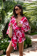 Robe estivale imprimée floral La Balancia manches longues bouffantes ceinture ajustable décolleté V profond tissu léger femme