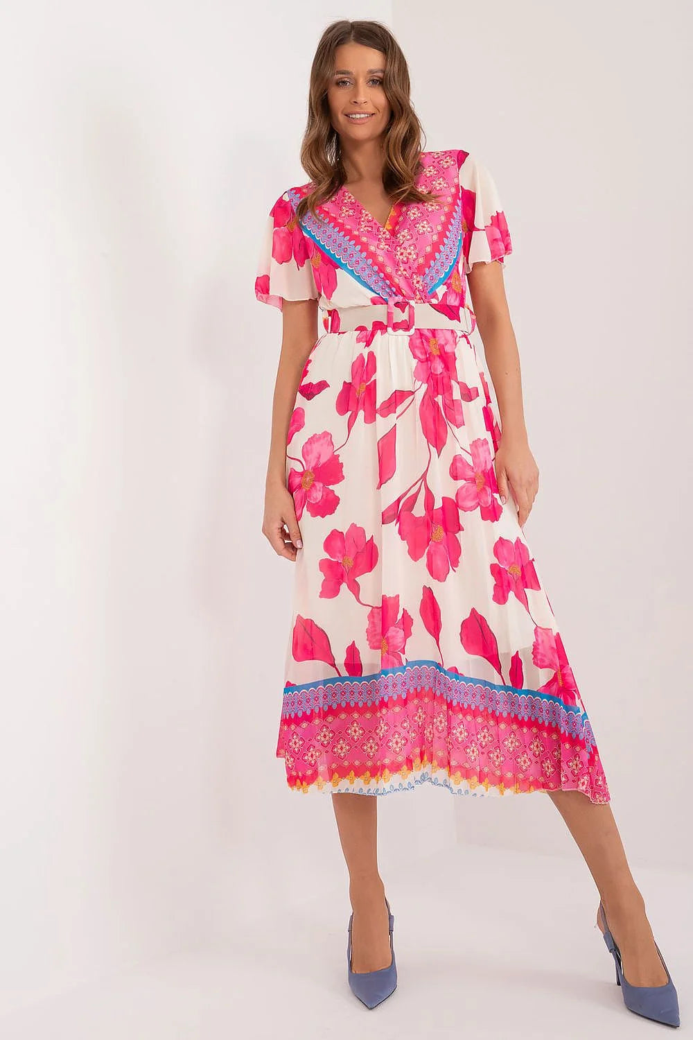Robe de jour Italy Moda longue manches courtes volants encolure enveloppante ceinture motifs floraux rose et bleu femme