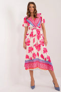 Robe de jour Italy Moda longue manches courtes volants encolure enveloppante ceinture motifs floraux rose et bleu femme