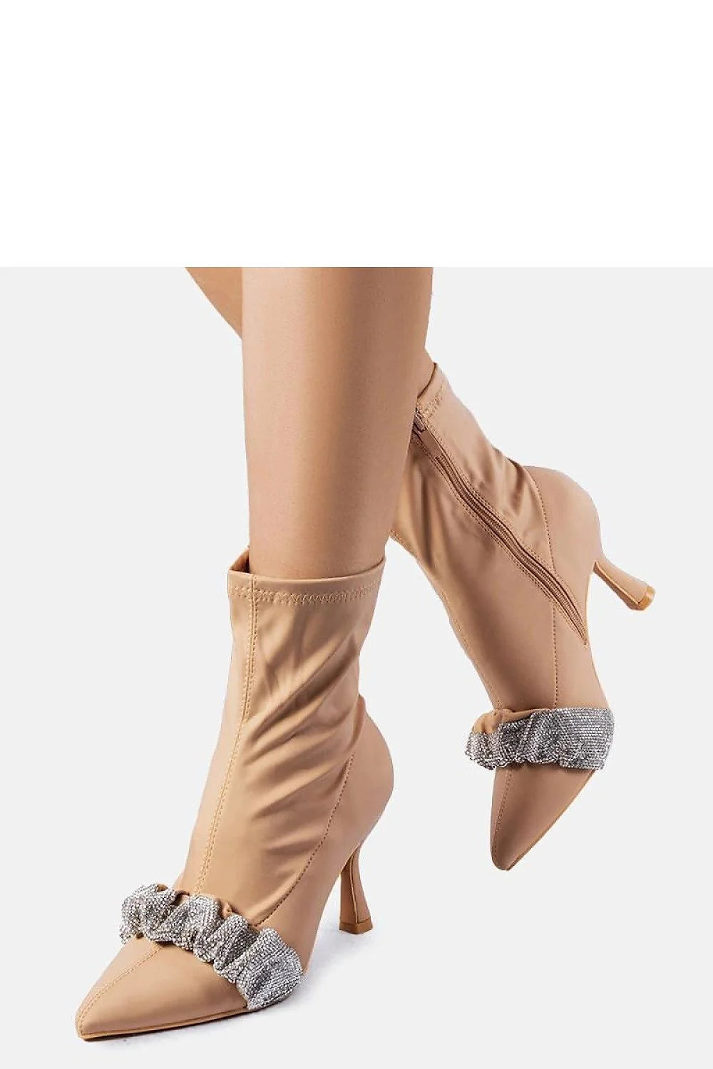 bottines talons stiletto beige cuir souple stretch moulant bout pointu tige cheville scrunch plissé strass argentés fermeture éclair latérale