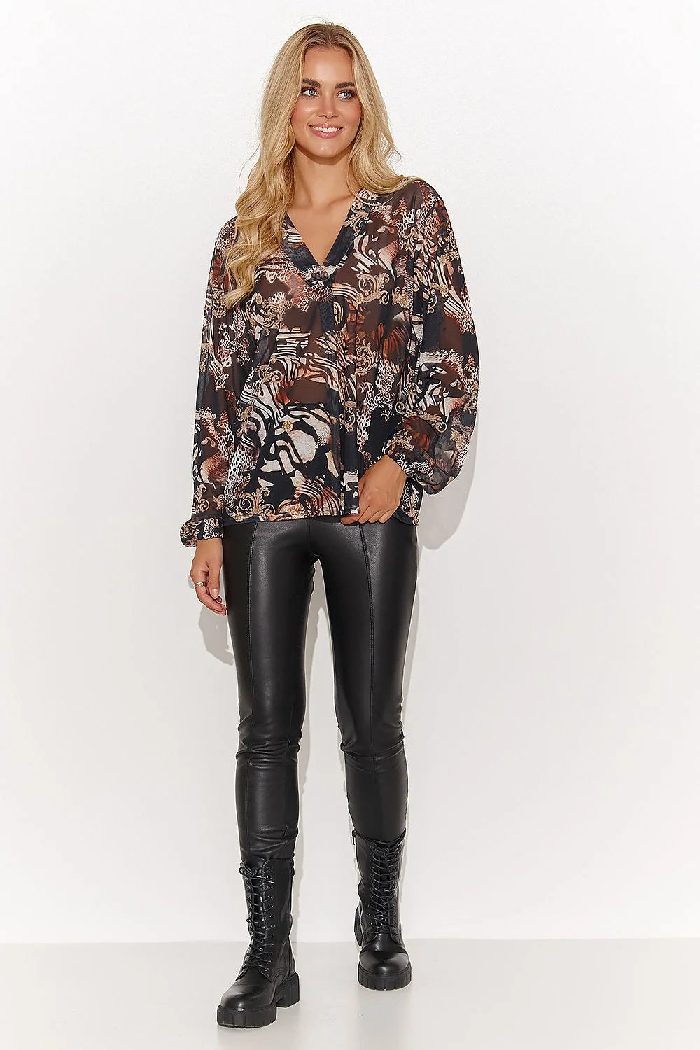 Chemisier Makadamia pour femmes en maille motifs animaliers col V manches longues coupe ample occasion spéciale