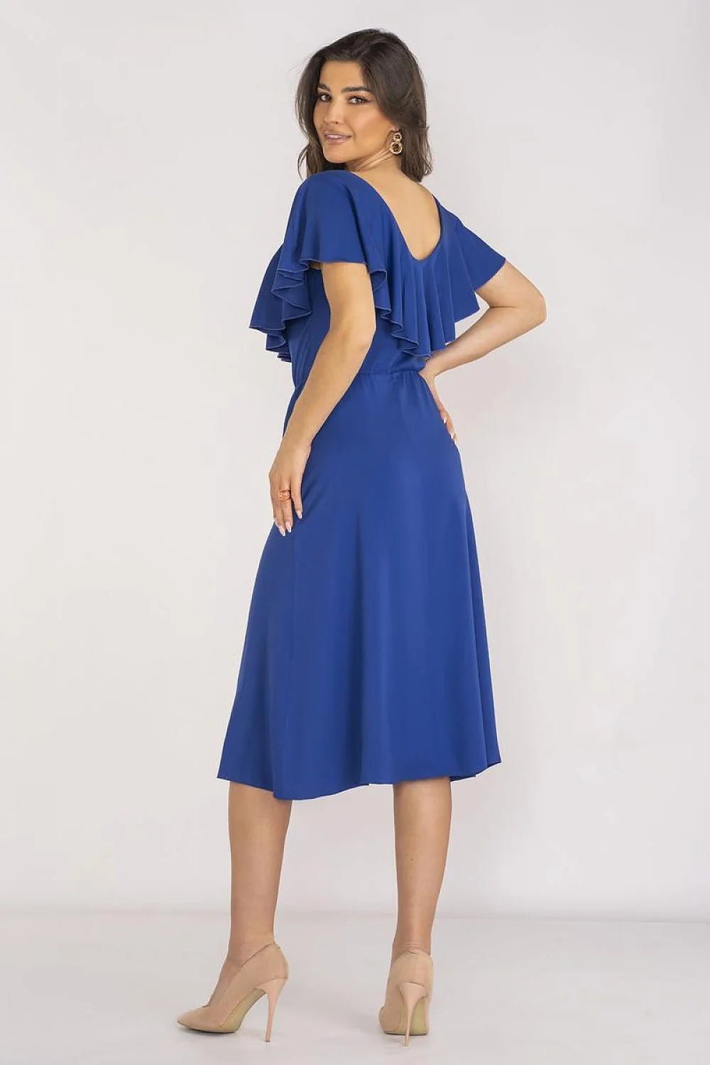 Robe élégante pour femme en viscose 97% avec encolure ronde manches courtes taille élastique style casual