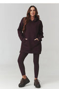 ensemble loungewear femme sweat capuche oversize tunique molleton prune foncé poche kangourou manches tombantes legging moulant taille haute