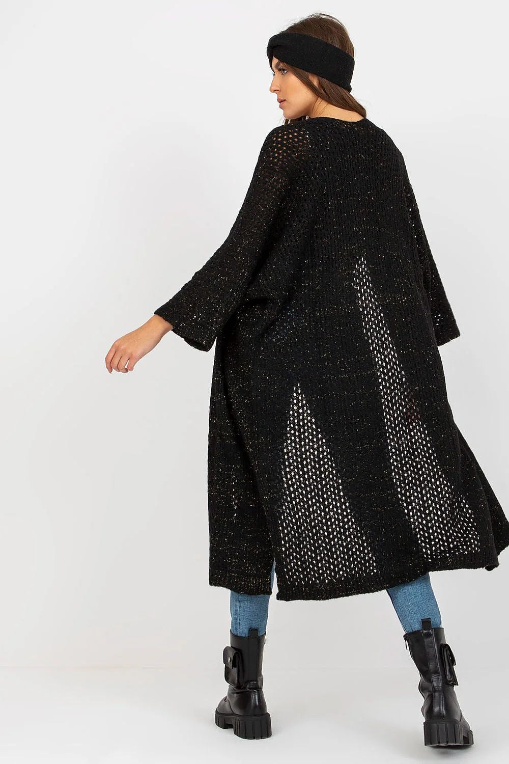Cardigan long pour femme en tricot ajouré style bohème matières mixtes acrylique polyamide viscose laine