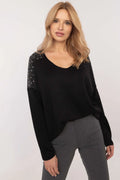 Pull pour femme élégant noir col V manches longues épaules strass matière douce confortable style moderne