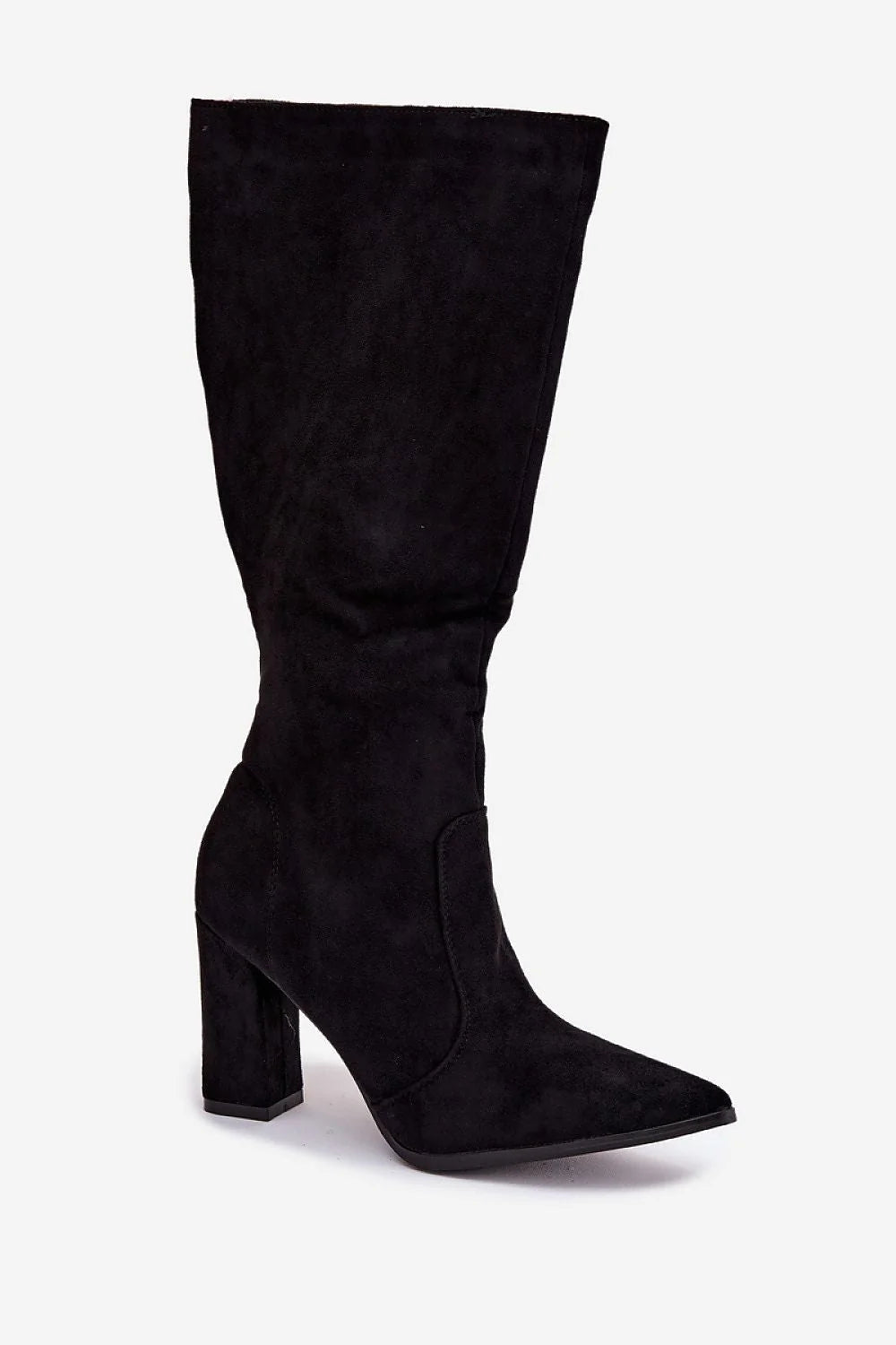 bottes hautes femme cuir suédé écologique noire talon colonne stable bout pointu fermeture éclair coupe ajustée mollet mousse chaude