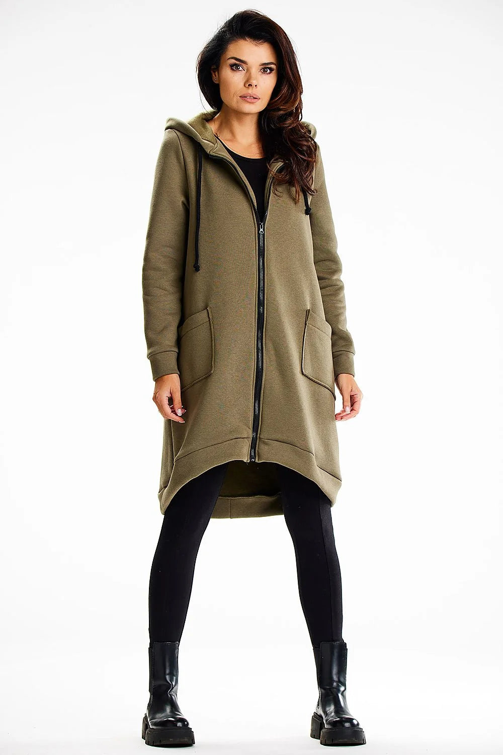 Sweatshirt long à capuche asymétrique pour femme, style décontracté moderne, couleur kaki, matériau doux, confort optimal, occasions multiples