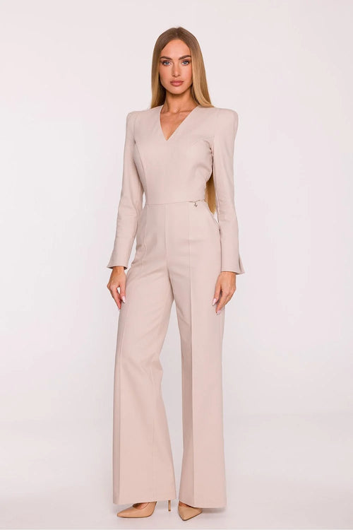 combinaison pantalon femme beige nude denim imitation structuré manches longues encolure V épaules structurées taille marquée chaîne métallique
