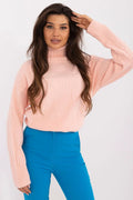 Pull à col roulé pour femme, rose pâle, maille douce, coupe ample, manches longues, finitions côtelées, style décontracté chic, polyester, acrylique, polyamide, tailles unisex