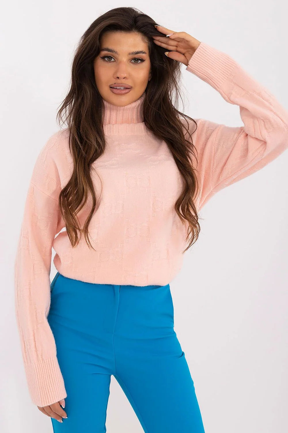 Pull à col roulé pour femme, rose pâle, maille douce, coupe ample, manches longues, finitions côtelées, style décontracté chic, polyester, acrylique, polyamide, tailles unisex