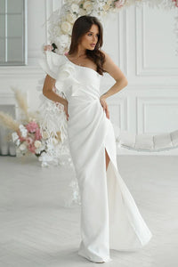 Robe de soirée élégante longue épaule nue asymétrique blanc satin ruffles femmes occasion spéciale