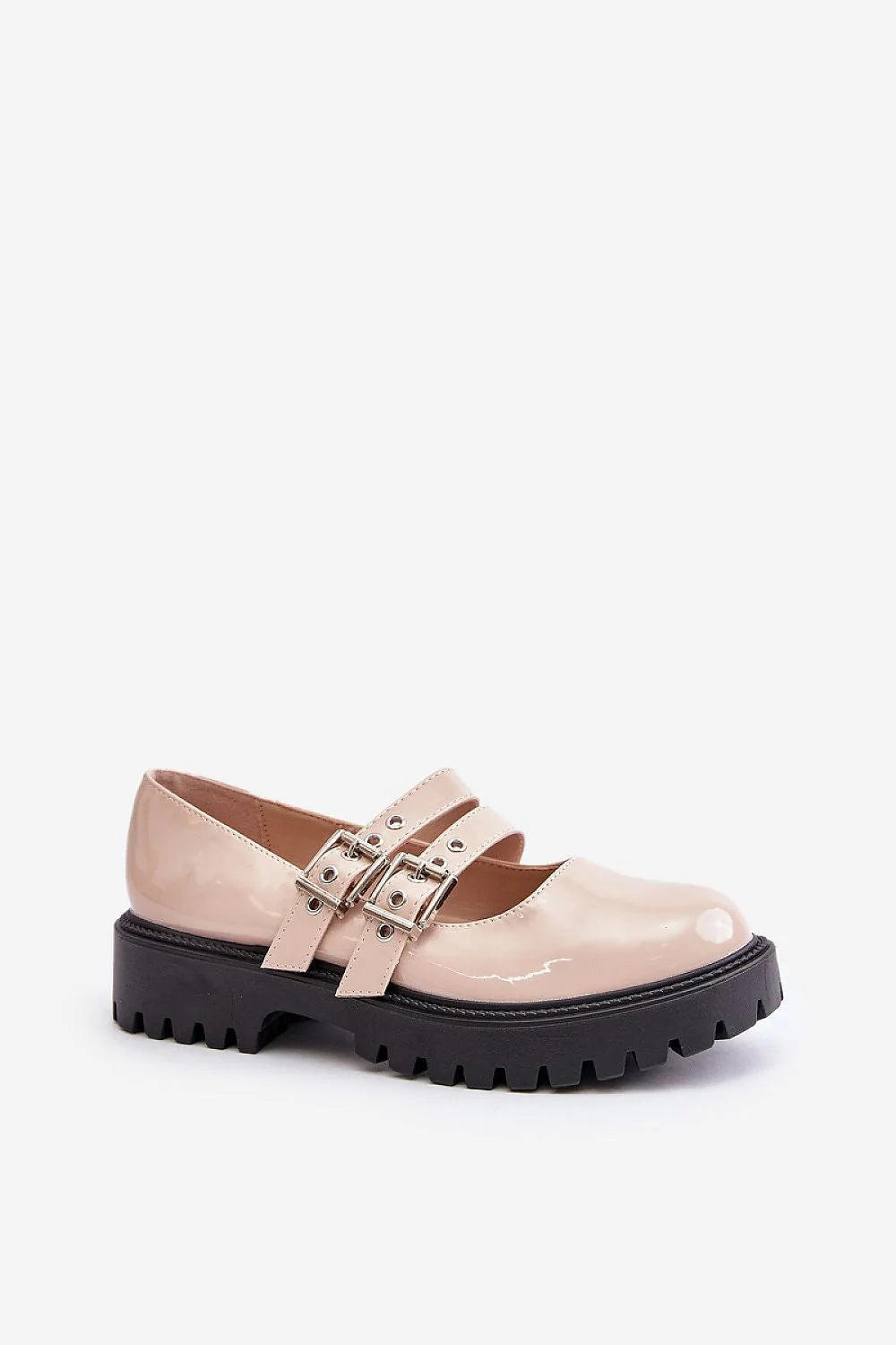 Chaussures Mary Jane femmes style moderne élégant tige vernie effet cuir semelle épaisse bride ajustable boucle métallique couleur nude rosée