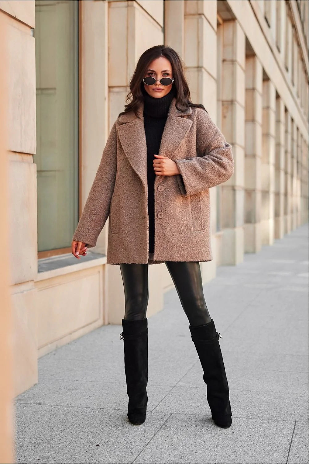 Manteau en laine bouclée brun clair style élégant coupe droite col à revers large femme automne hiver veste mode