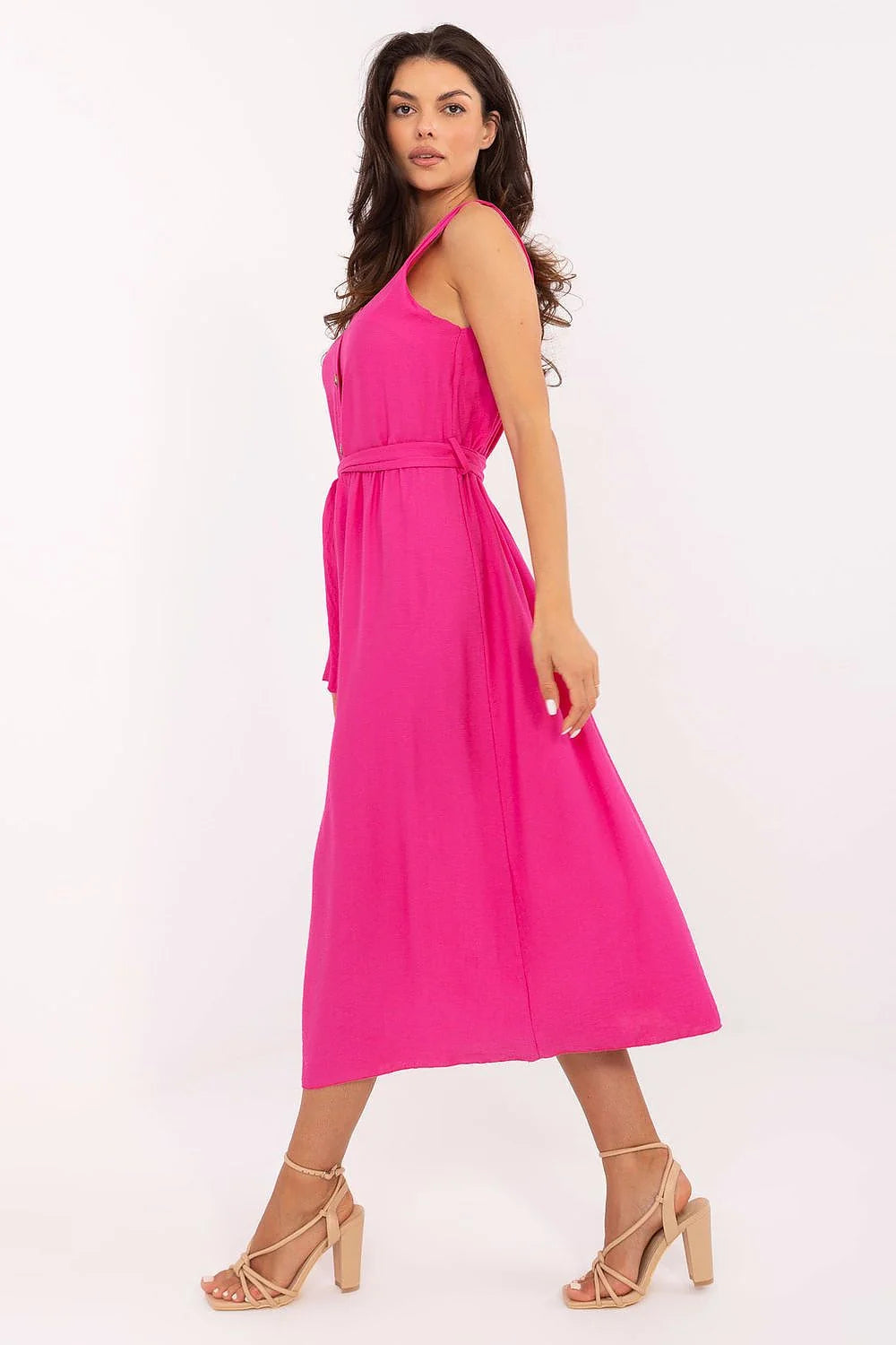 robe été longue fluide fuchsia encolure ronde manches larges ceinture assortie taille nouée boutons apparents jupe évasée cheville