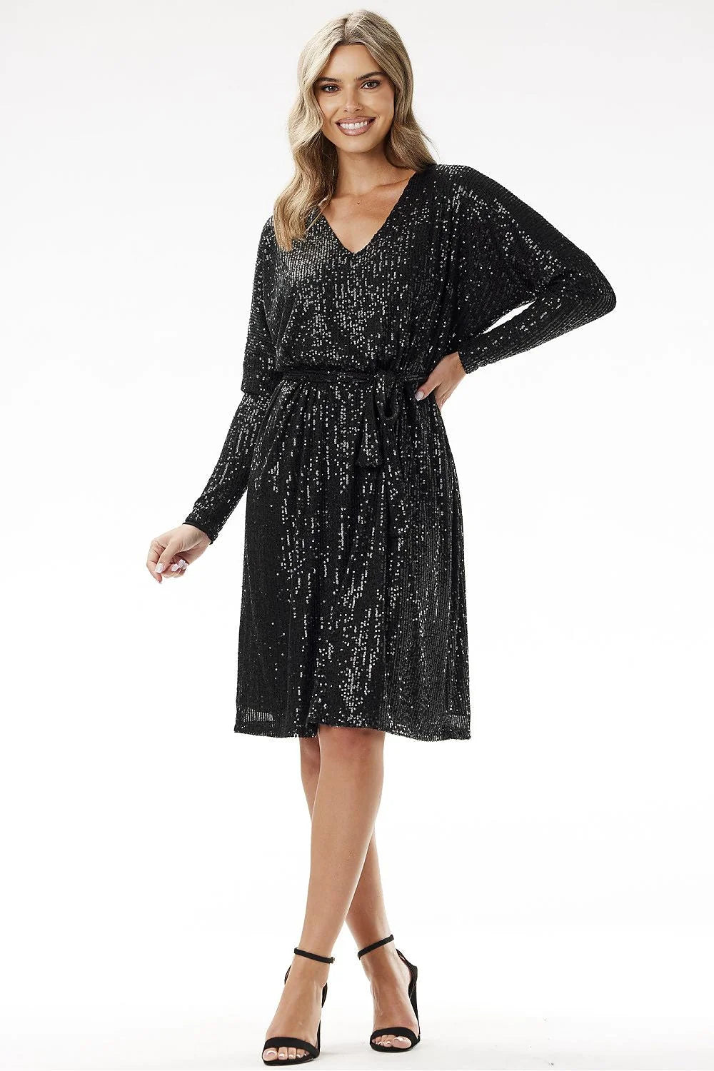 Robe de soirée élégante pour femme noire à sequins manches longues encolure en V ceinture taille ajustable Awama