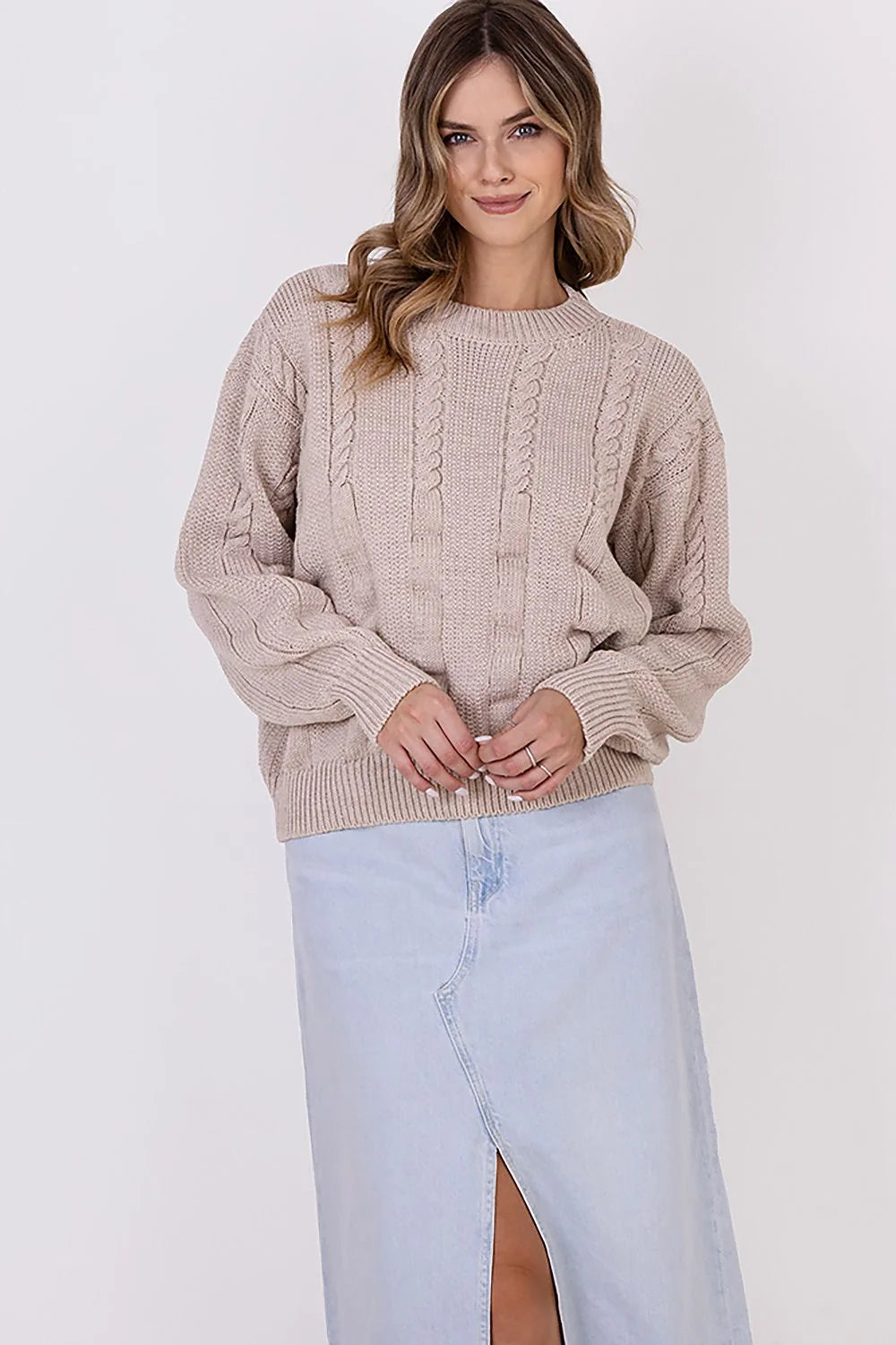 Pull maille design torsadé laine acrylique femme mode hivernale coupe décontractée manches longues beige