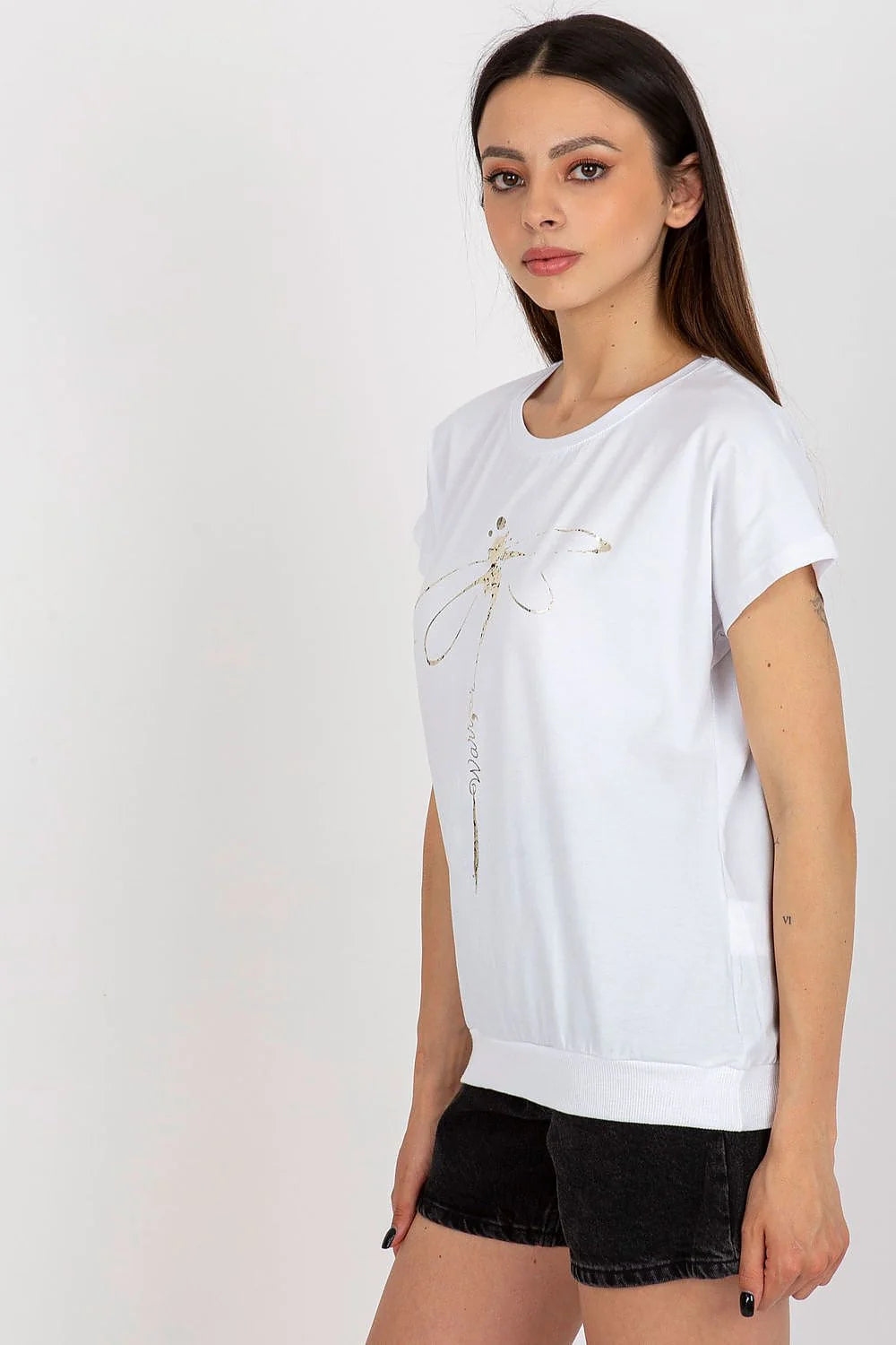 Chemisier en coton pour femmes style Parisien manches courtes encolure ronde motif doré tunique élégante décontractée polyvalente