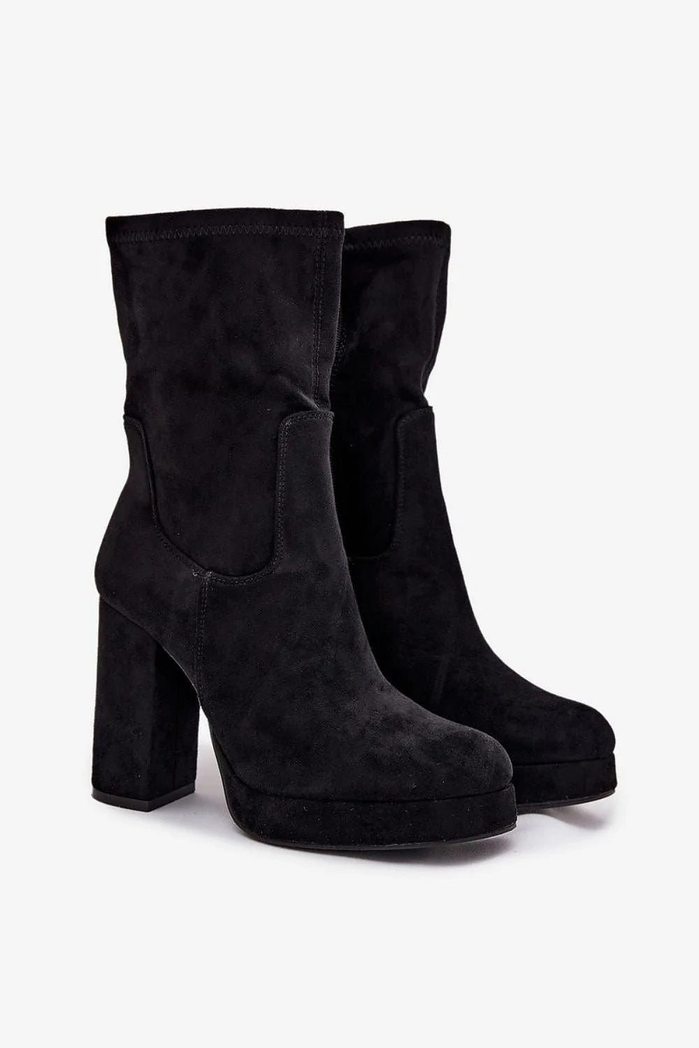 bottines femme suède écologique souple noire talon carré haut plateforme bout arrondi zippées doublure fourrure chaude confort élégantes mi mollet