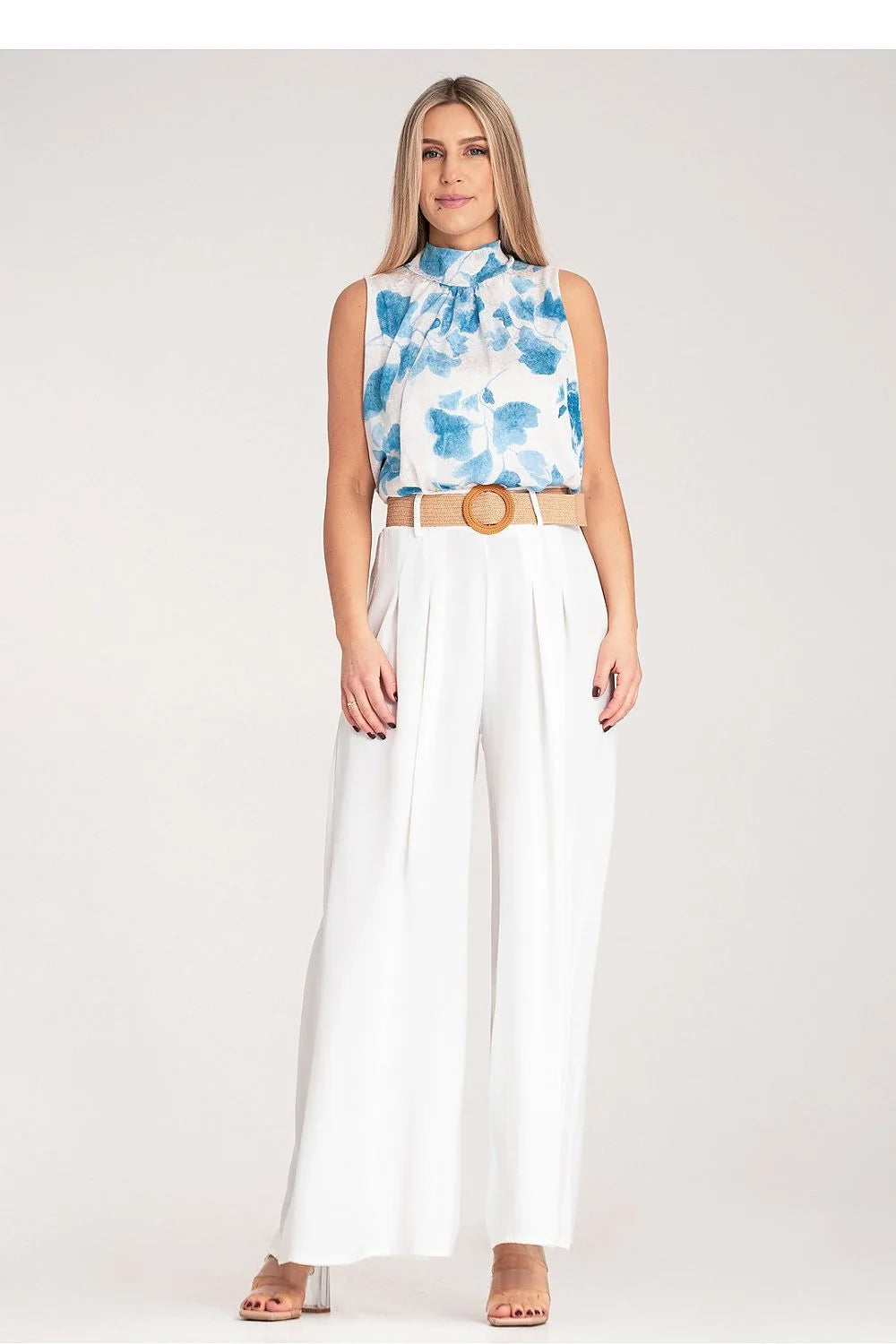 Pantalon femme Figl large taille haute ceinture tressée polyester blanc floral haut sans manches