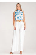 Pantalon femme Figl large taille haute ceinture tressée polyester blanc floral haut sans manches