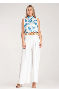 Pantalon femme Figl large taille haute ceinture tressée polyester blanc floral haut sans manches