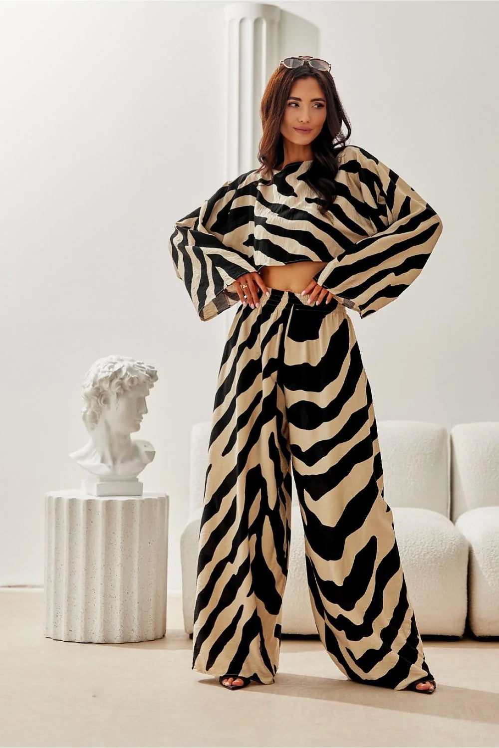 Ensemble mode femme deux pièces zébré blouse crop top manches longues pantalon large taille élastiquée tissu doux style moderne été