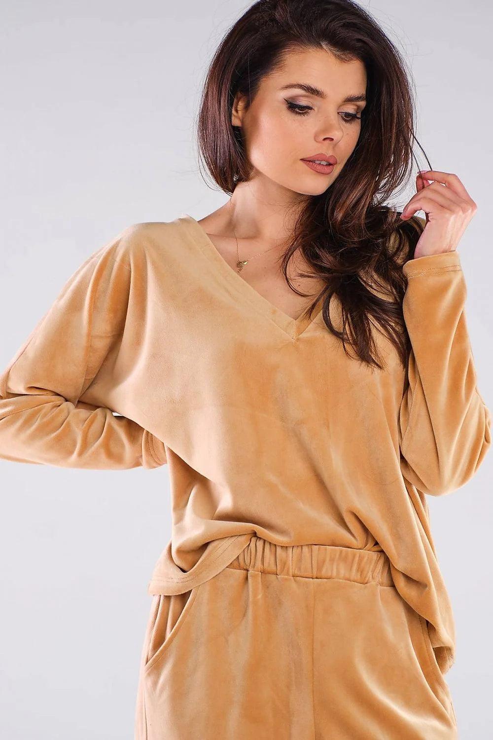 Sweatshirt femme en velours rose vif col V confortable manches longues style décontracté moderne