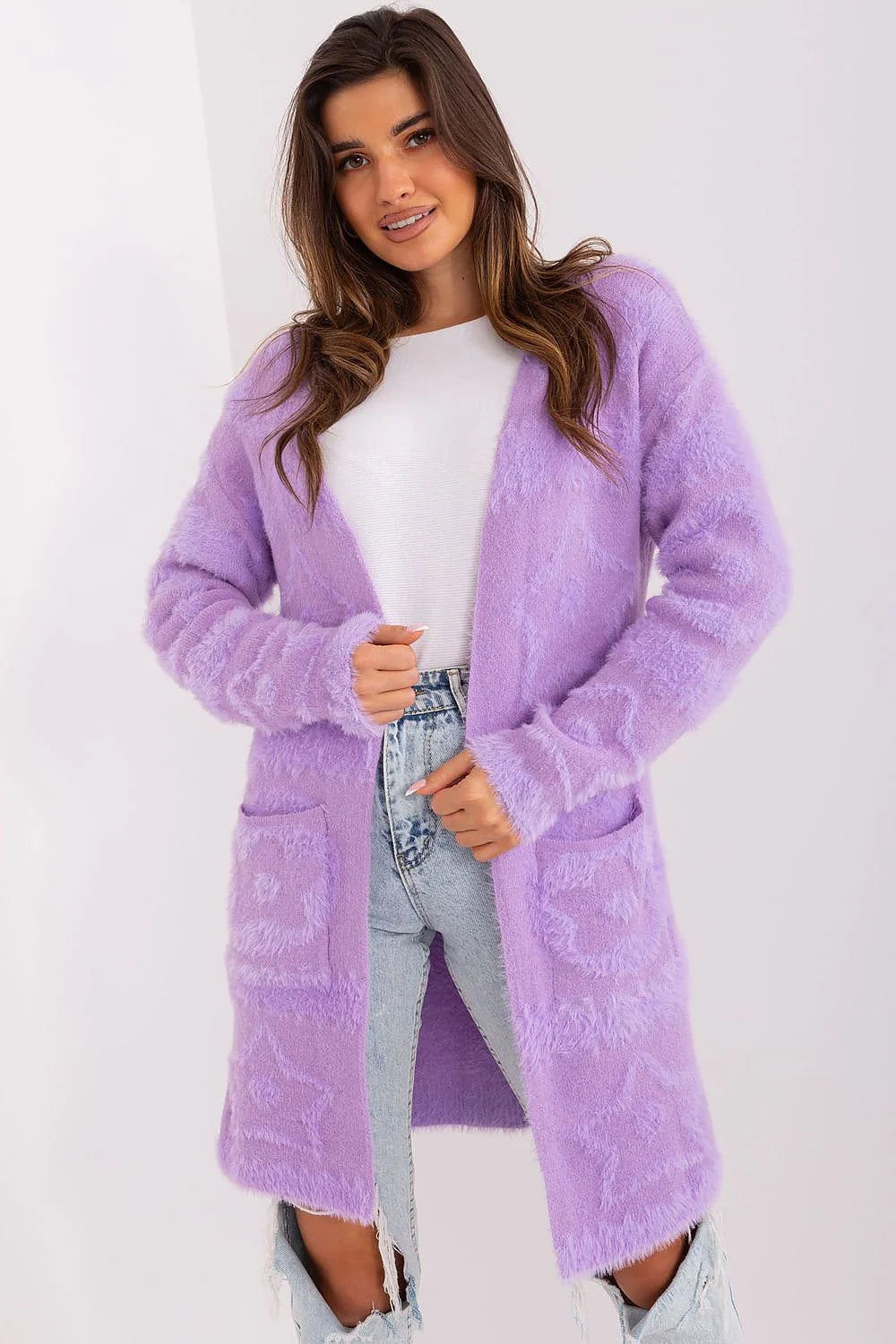 Cardigan femme en maille lavande longue sans fermeture manches longues poches pratiques pour tenues décontractées