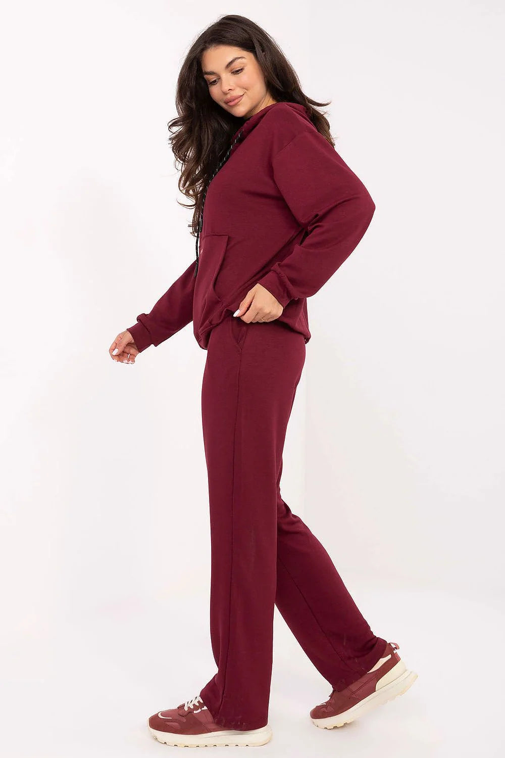 ensemble survêtement femme sweat capuche doublée bordeaux jersey doux viscose élasthanne coupe relaxed pantalon taille haute jambes droites