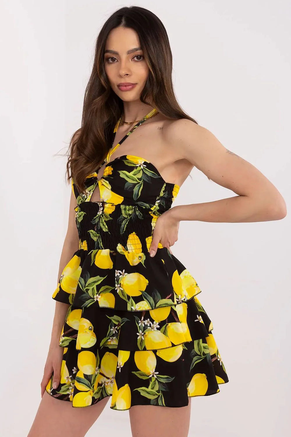 Robe d'été pour femme légère imprimé citron jaune vif feuilles vertes fond noir bustier bretelles croisées taille ajustable jupe évasée