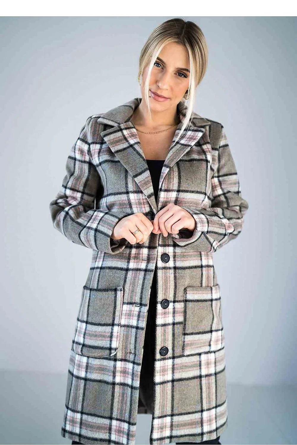 Manteau pour femme élégant à carreaux gris beige noir rose pâle col veste fermeture boutons nylon polyester taille ajustable longueur genou
