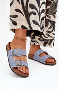 sandales femme plateforme liège semelle suédée moulée anatomique deux brides réglables boucles métal doré denim bleu crantée adhérence