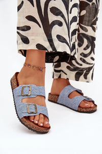 sandales femme plateforme liège semelle suédée moulée anatomique deux brides réglables boucles métal doré denim bleu crantée adhérence
