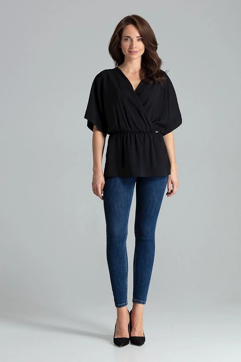 chemisier ample beige Lenitif manches kimono col V cachecoeur élégant tendance femme moderne fluide taille élastique fronces crêpe casualchic blousant