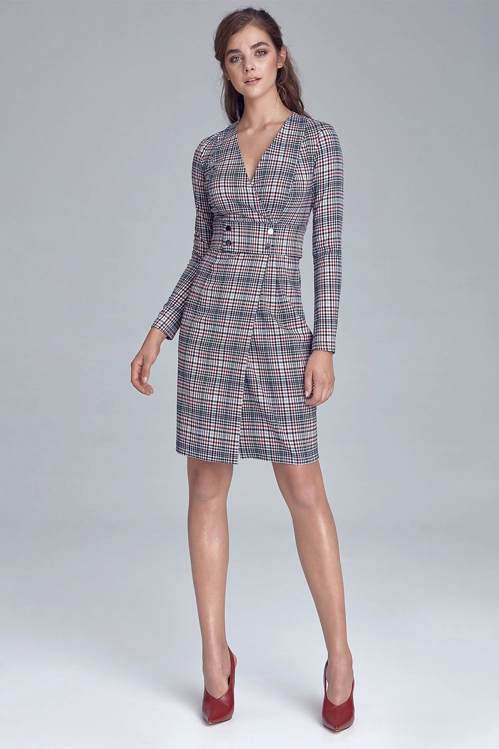 Robe chic polyester viscose carreaux multicolore manches longues élégante automne confort bureau femme mode