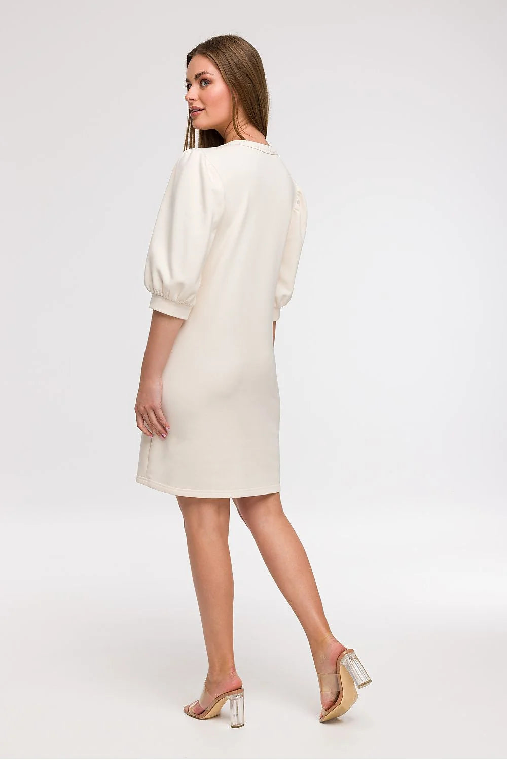 Robe de jour Be Wear élégante coupé droite manches bouffantes couleur crème tissu doux confort femme quotidienne vacances ville