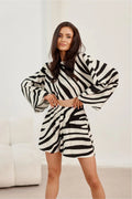 Ensemble coordonné haut et short motif zèbre noir et blanc femme style décontracté été manches longues élastique taille courte