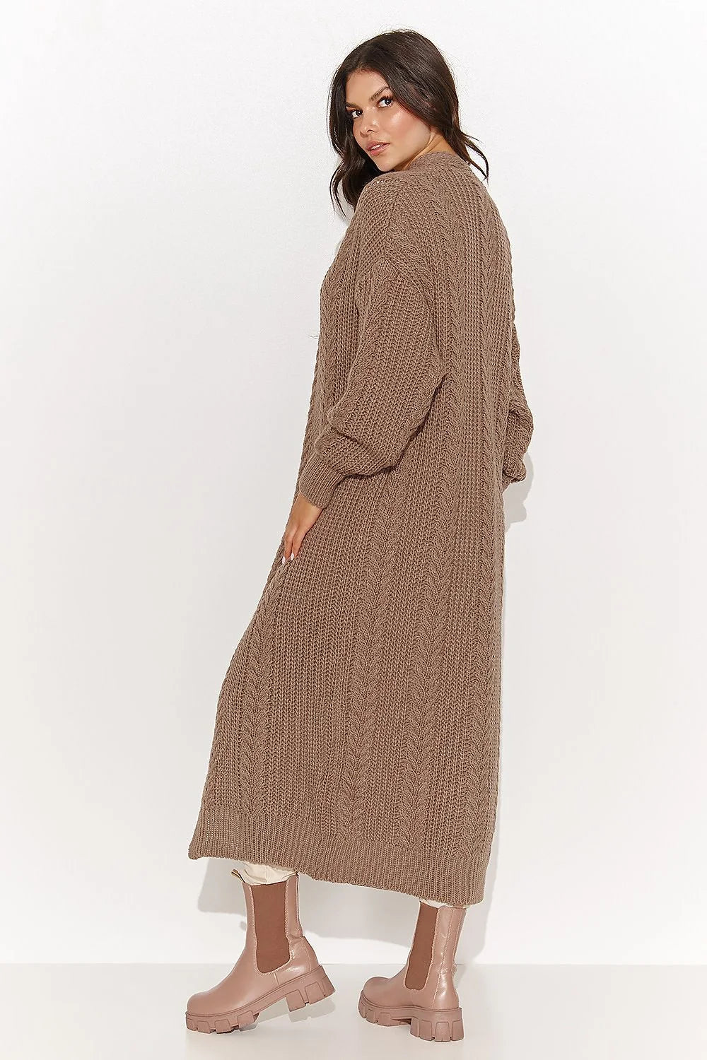 Cardigan Numinou pour Femme Longueur Ankle Taupe Grosse Maille Tricotée Manches Longues Coudes Puffées Col Châle sans Boutons Élégance Casual