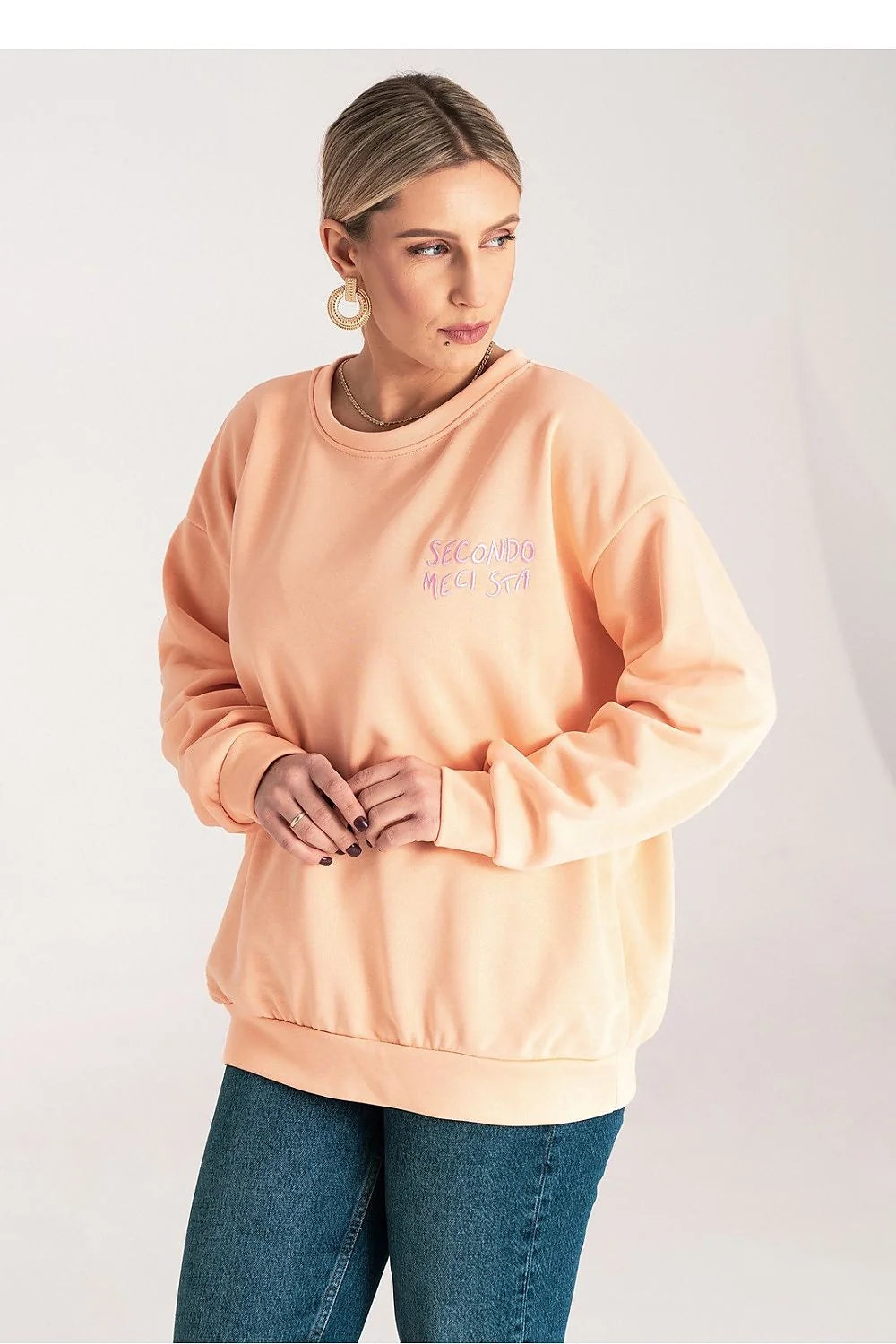 Sweatshirt Figl loose fit round neckline embroidered inscription cotton blend women casual oversized