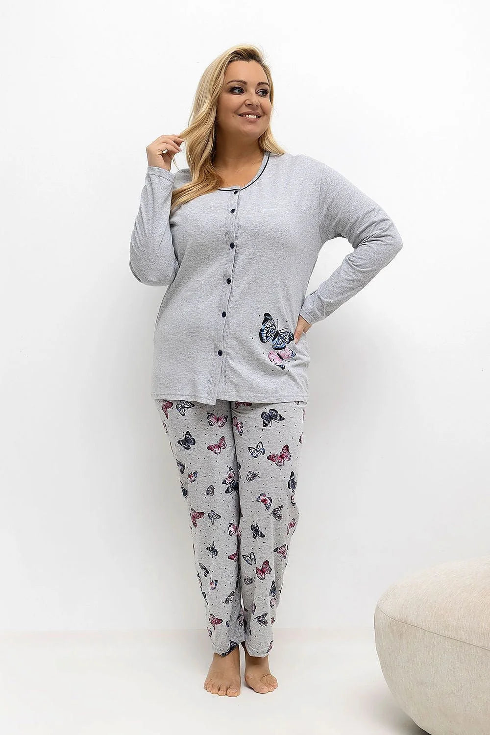 pyjama femme grande taille ensemble deux pièces haut boutonné col rond manches longues pantalon imprimé papillons pois coton doux confortable