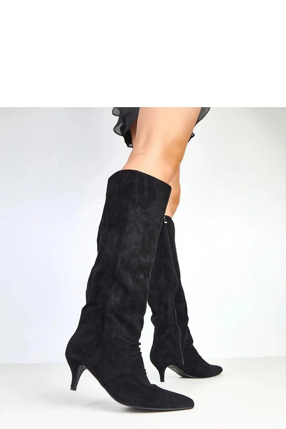 bottes femme cuir suédé noir hauteur genou tige 43cm bout pointu talon 6cm kitten élégant féminin ajusté mollet