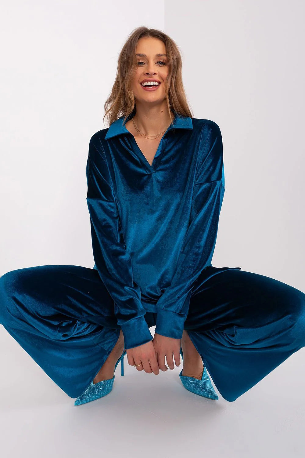 Ensemble Lakerta velours bleu sarcelle femme style décontracté chic haut ample manches longues pantalon évasé taille élastique