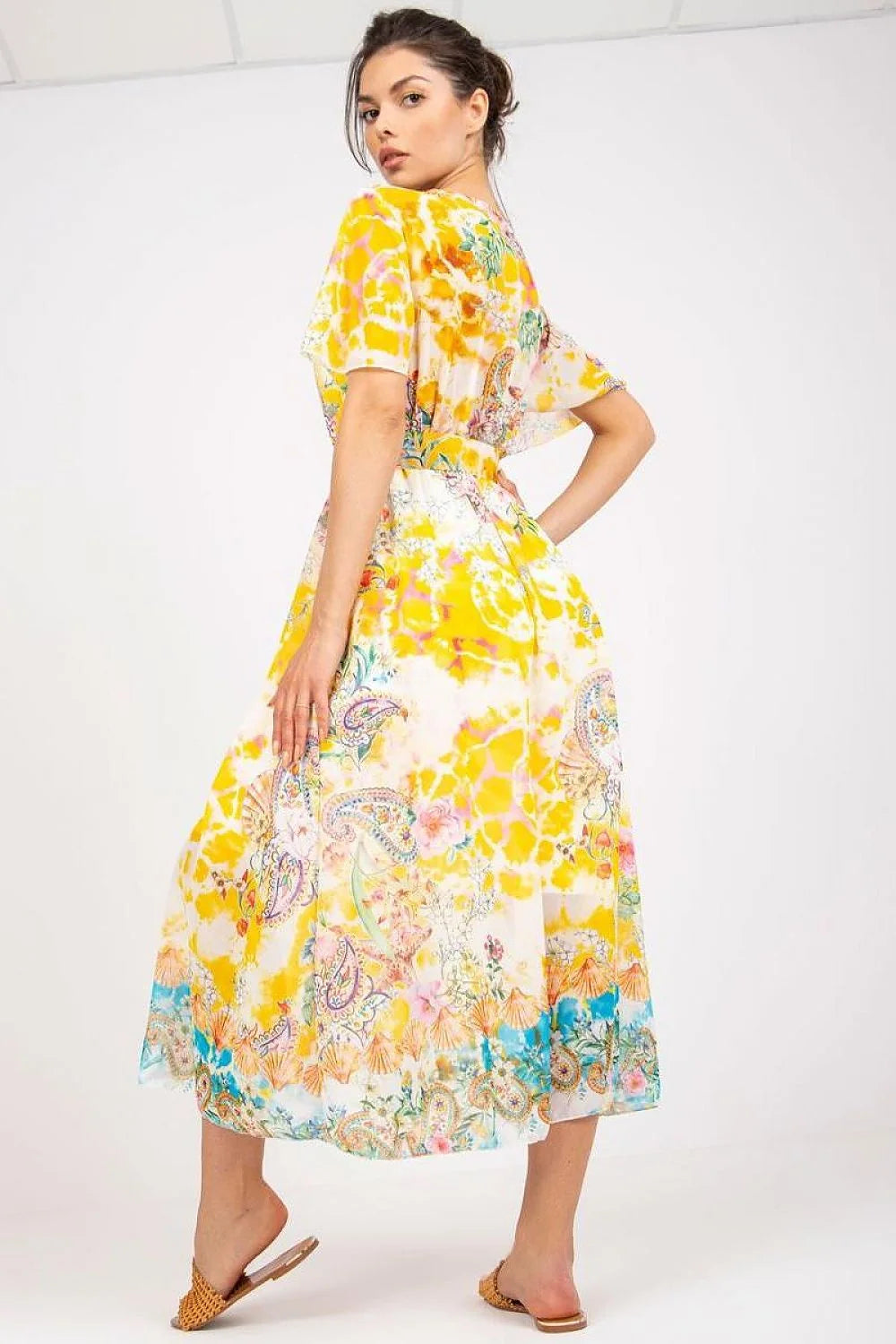 Robe estivale longue imprimé multicolore style décontracté viscose puffed sleeves ceinture large occasions diverses femmes